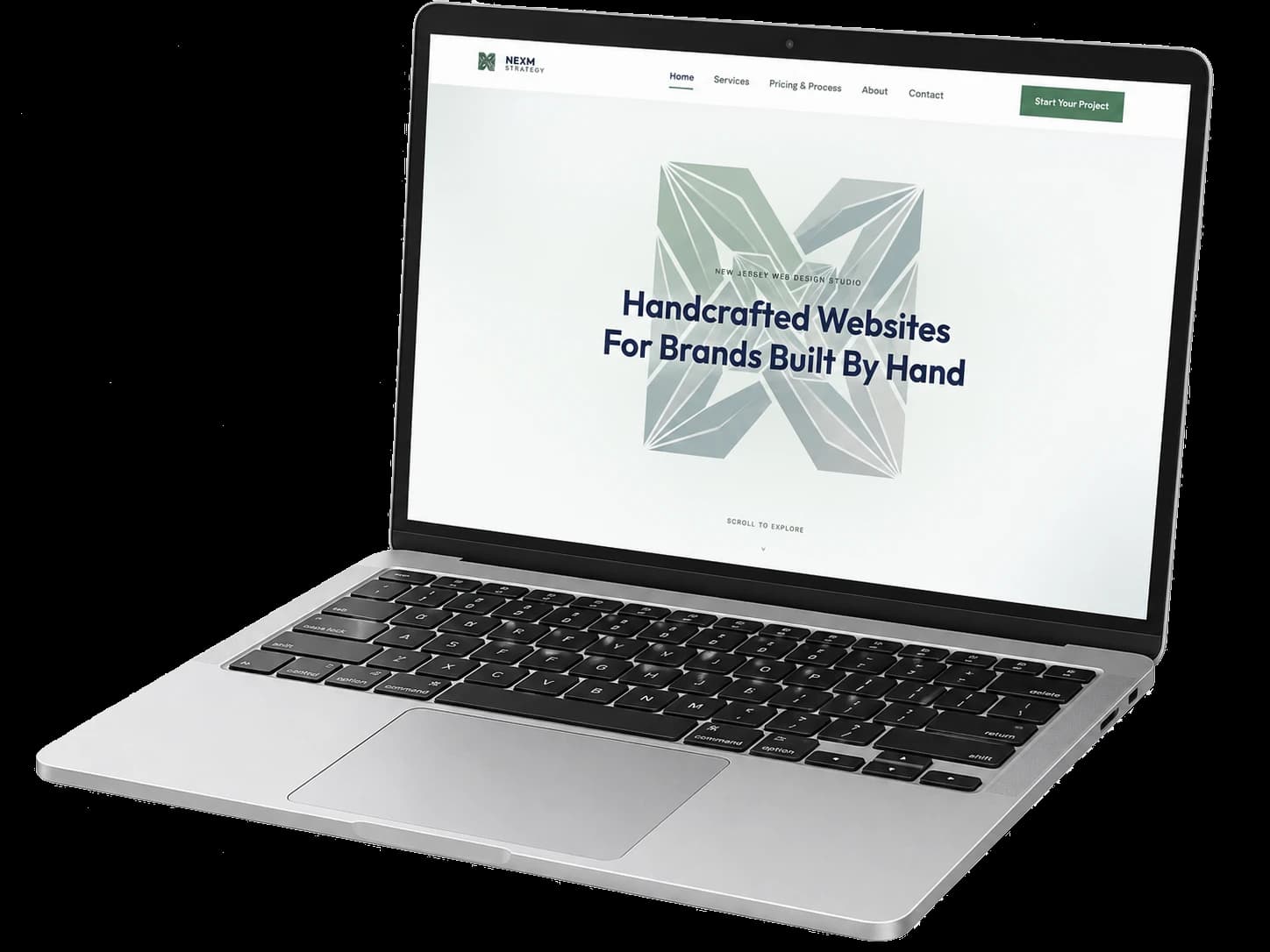 The NEXM Strategy website homepage shown on a laptop screen